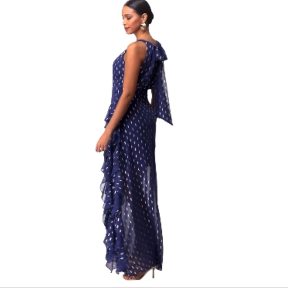 Betsy&Adam Gown, Size 8, Halter, Royal Blue Geometric Print, Ruffle Accent, NEW! - Picture 1 of 17